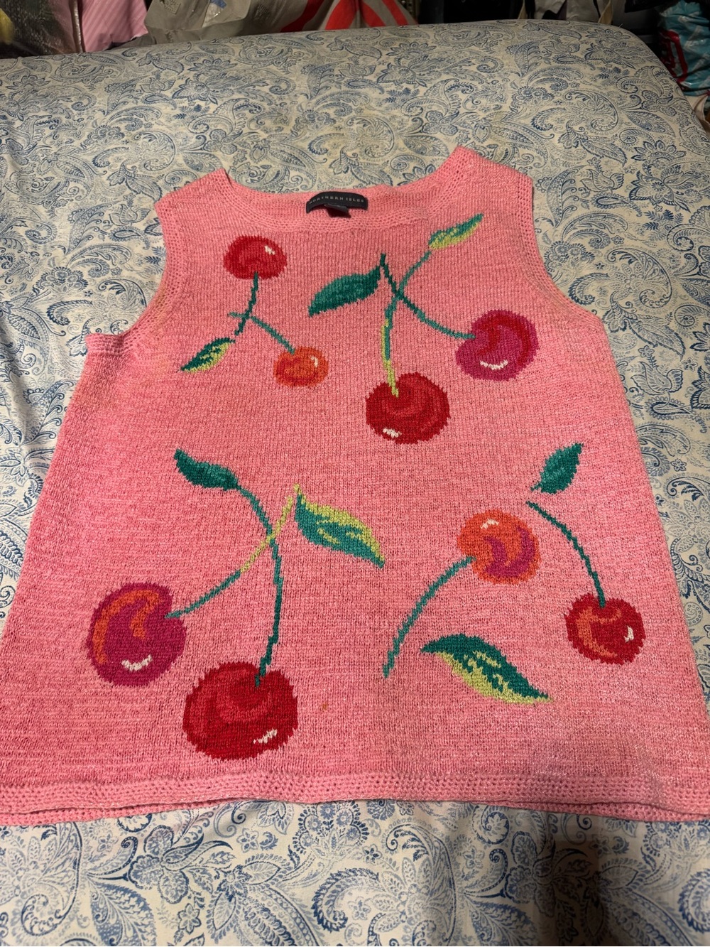 Northern Isles Pink Knit Top with Cherry Accent sweater